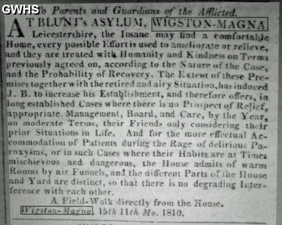33-612 Advert for Blunt's Asylum Wigston Magna 1810