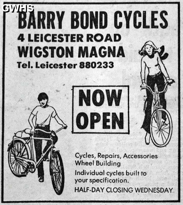 33-785 Advert for Barry Bond Cycles 4 Leicester Road Wigston Magna 1978