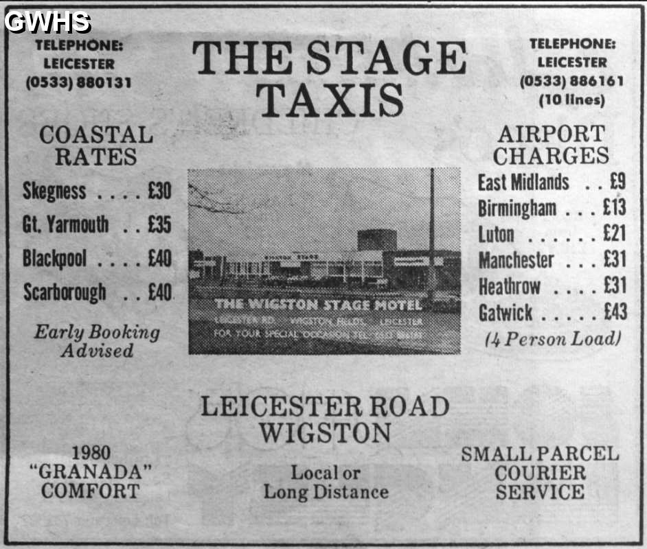 34-712 Advert for The Stage Taxis Wigston Magna 1980