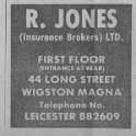 20-127 R Jones Insurance Broker advert Wigston Magna 1975