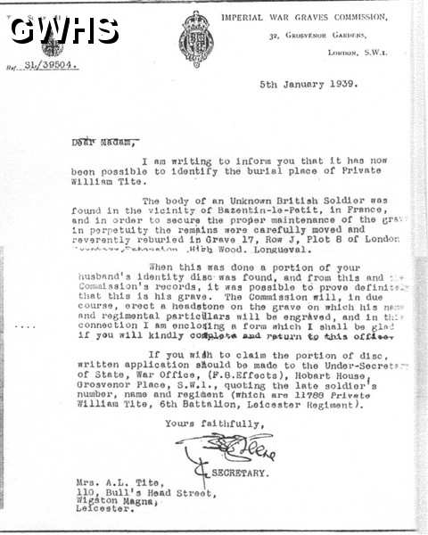 22-292 William Tite of Wigston - Letter 5-01-1939