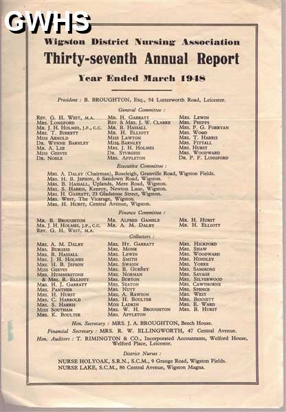 25-021 37th Annual Report of Wigston District Nursing Association 1949 Pt 1 