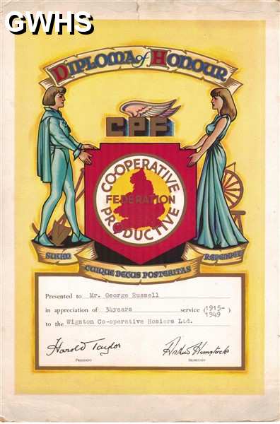 25-110 Diploma of Honour presented to George Russell for 34 years service to Wigston Co-operative Hosiers Ltd in 1949