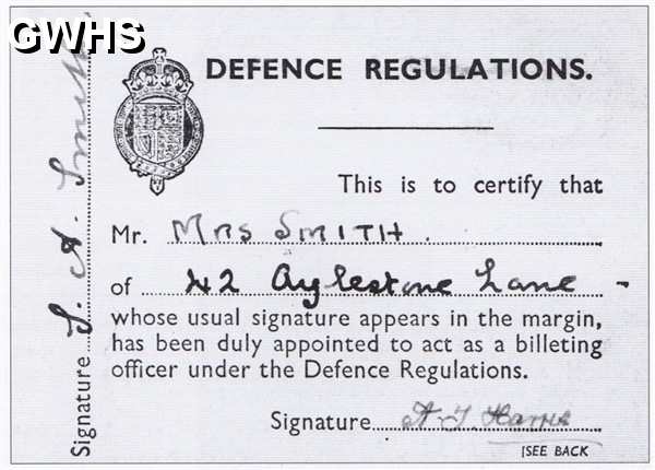 26-459 WWII Billeting Officers Identity Card Mrs Smith Aylestone Lane Wigston Magna