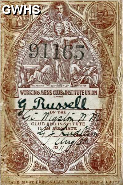 30-791 George Russell's membership card to Great Wigston Working Mens Club 1911