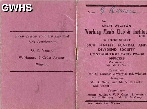 30-792 George Russell's Sick Benefit card from Great Wigston Working Men's Club 1969 -1970