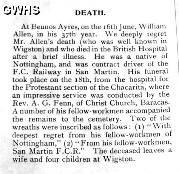 31-171 Death of Wigston man William Allen in Beunos Ayres