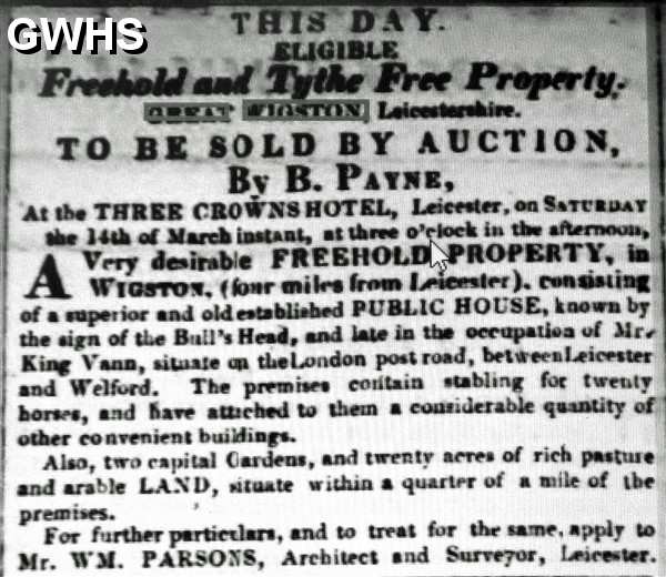 33-135 Advert for sale of the Bulls Head Inn Wigston Magna 1829