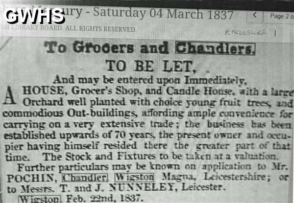 33-728 Sale by Mr Pochin of his Grocers and Candle House in Wigston Magna 1837