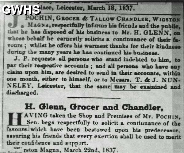 33-729 Sale by Mr Pochin to Mr H Glenn of his Grocers and Candle House in Wigston Magna 1837