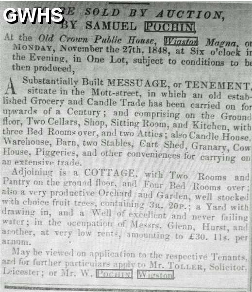 33-730 Sale of Grocers and Candle House on Mott Street Wigston Magna by Samuel Pochin 1848