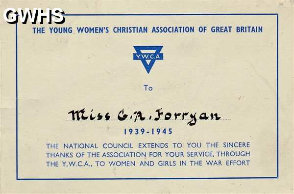 34-100 Thank You card from The Young Women's Christian Association to Miss G A Forryan for War Services provided