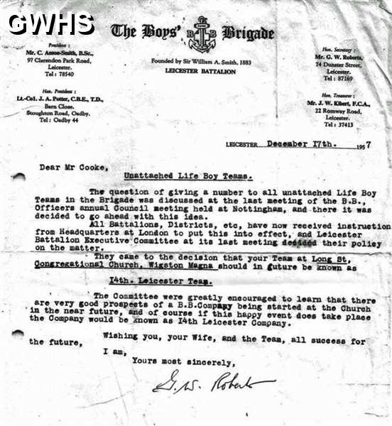 34-645 Boy's Brigade Letter 1957 Wigston Magna