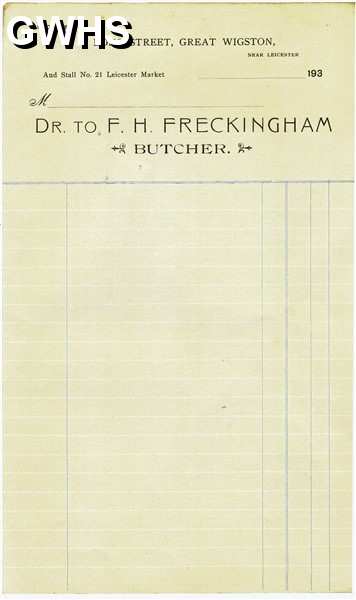34-657 F H Freckingham Butchers Invoice 3 Long Street Wigston Magna