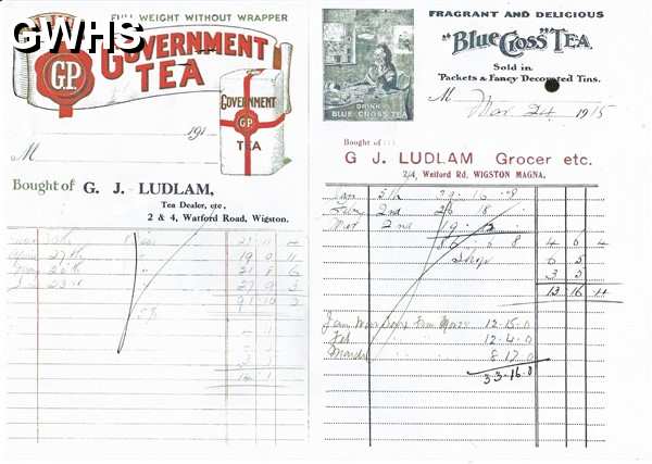 34-663 G J Ludlam grocers Welford Road Wigston Magna invoices 1915