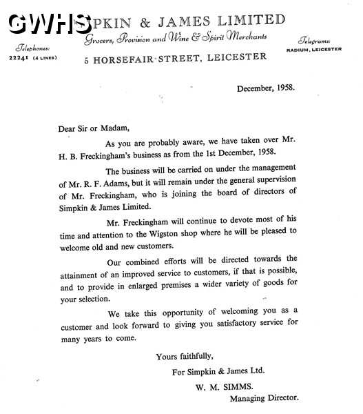 34-696 Take over of H B Freckingham business -  letter from Simpkin & James 1958
