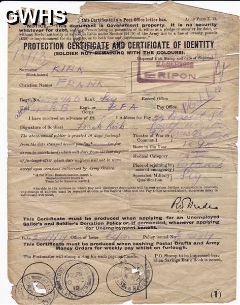 34-785 Certificate of Identity Frank Kirk 1919