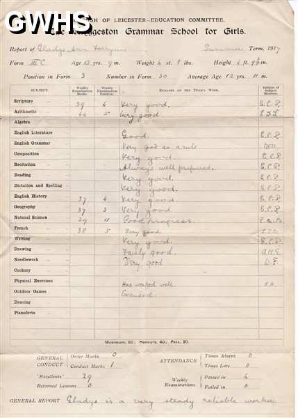 35-353 Gladys Ann Forryan school report 1917 Wyggeston Girls School