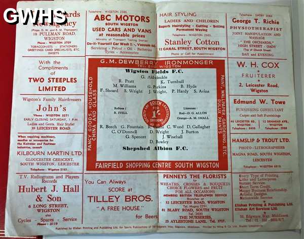 39-287 Wigston Fields Football Club fixture programme Aug 19th 1967
