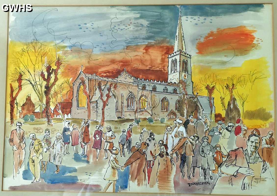 34-774 Don Green's picture of all Saints' Church and the congregation coming out from the Sunday Family Mass