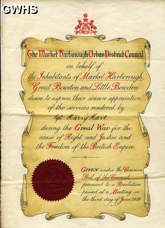 23-604 Harry Hart Certificate of Appreciation for War Work 1919