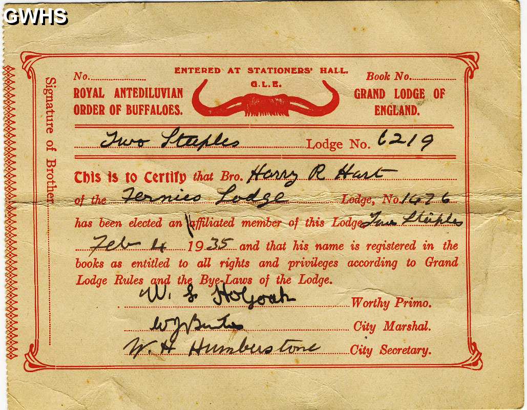 23-607 Harry Hart Two Steeples Lodge 1935 Royal Antediluvian Order of Buffaloes